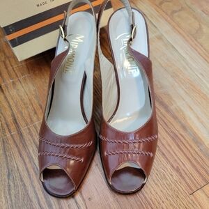Vintage Miramonte Brown Leather  Peep-Toe Slingback  Women's Shoes Size 8N 1940s